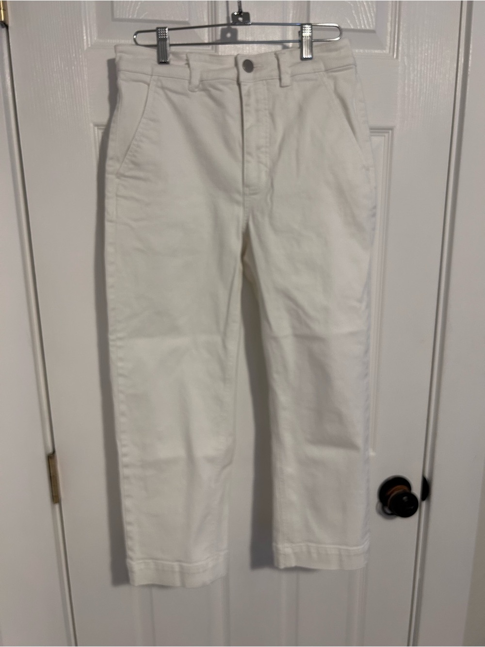 Everlane White High-Rise Straight Pants with Silver Button
